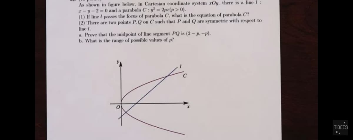 As shown in figure below, in Cartesian coordinate system rOy, there is a line I:
I-y-2 =0 and a parabola C : y = 2pr(p>0).
(1) If line / passes the focus of parabola C, what is the equation of parabola C?
(2) There are two points P.Q on C such that P and Q are symmetric with respect to
line 1.
a. Prove that the midpoint of line segment PQ is (2 - p.-p).
b. What is the range of possible values of p?
TIBEES

