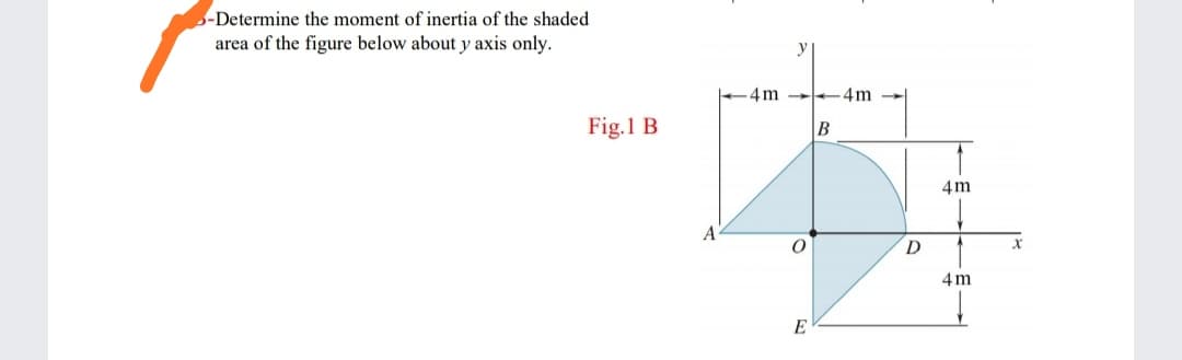 -Determine the moment of inertia of the shaded
area of the figure below about y axis only.
y
4m 4m
Fig.1 B
B
4m
A
D
4m
E
