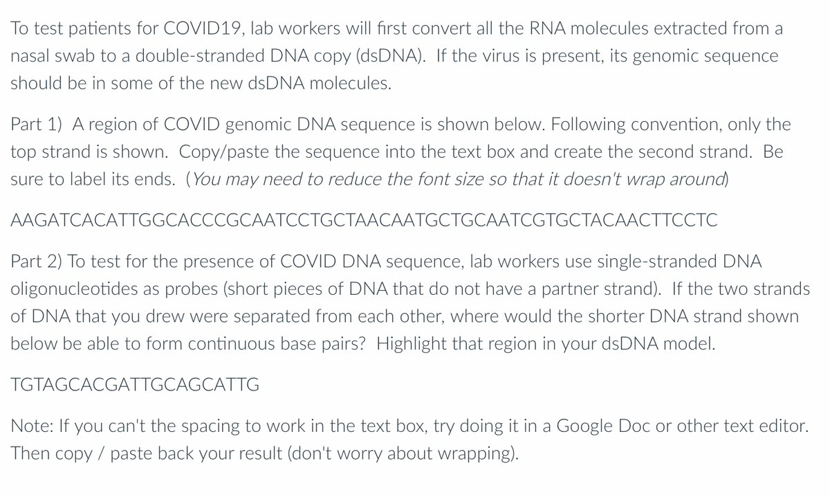 To test patients for COVID19, lab workers will first convert all the RNA molecules extracted from a
nasal swab to a double-stranded DNA copy (dsDNA). If the virus is present, its genomic sequence
should be in some of the new dsDNA molecules.
Part 1) A region of COVID genomic DNA sequence is shown below. Following convention, only the
top strand is shown. Copy/paste the sequence into the text box and create the second strand. Be
sure to label its ends. (You may need to reduce the font size so that it doesn't wrap around)
AAGATCACATTGGCACCCGCAATCCTGCTAACAATGCTGCAATCGTGCTACAACTTCCTC
Part 2) To test for the presence of COVID DNA sequence, lab workers use single-stranded DNA
oligonucleotides as probes (short pieces of DNA that do not have a partner strand). If the two strands
of DNA that you drew were separated from each other, where would the shorter DNA strand shown
below be able to form continuous base pairs? Highlight that region in your dsDNA model.
TGTAGCACGATTGCAGCATTG
Note: If you can't the spacing to work in the text box, try doing it in a Google Doc or other text editor.
Then copy / paste back your result (don't worry about wrapping).
