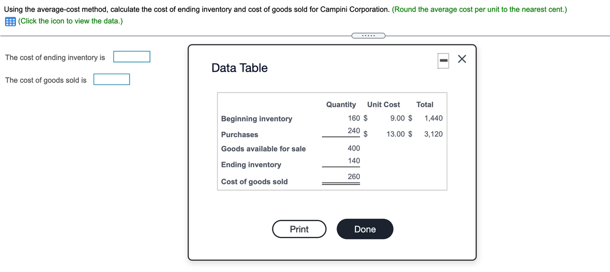Using the average-cost method, calculate the cost of ending inventory and cost of goods sold for Campini Corporation. (Round the average cost per unit to the nearest cent.)
E (Click the icon to view the data.)
.....
The cost of ending inventory is
Data Table
The cost of goods sold is
Quantity
Unit Cost
Total
Beginning inventory
160 $
9.00 $
1,440
Purchases
240
$
13.00 $
3,120
Goods available for sale
400
140
Ending inventory
260
Cost of goods sold
Print
Done
