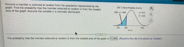 Assume a member is selected at random from the population represented by the
graph. Find the probability that the member selected at random is from the shaded
area of the graph. Assume the variable x is normally distributed.
SAT Crtical Reading Scores
200x400
511
125
200
400
B00
Scone
The probability that the member selected at random is from the shaded area of the graph is 0 1468 (Round to four decimal places as needed)
