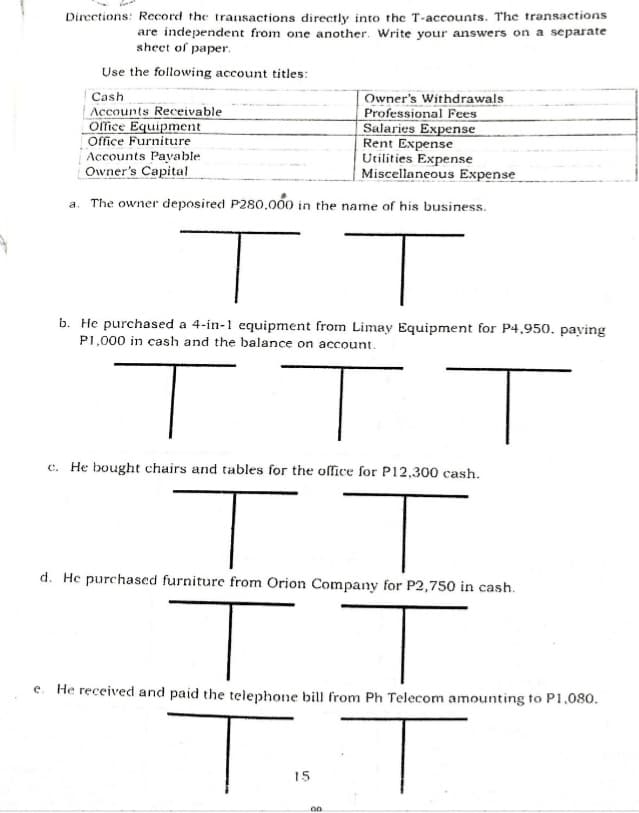 Directions: Record the transactions directly into the T-accounts. The transactions
are independent from one another. Write your answers on a separate
sheet of paper.
Use the following account titles:
| Owner's Withdrawals
Professional Fees
Salaries Expernse
Rent Expense
Utilities Expense
Miscellaneous Expense
Cash
Accounts Receivable
Office Equipment
Office Furniture
Accounts Payable
Owner's Capital
a. The owner deposired P280.000 in the name of his business.
b. He purchased a 4-in-1 equipment from Limay Equipment for P4,950. paying
P1,000 in cash and the balance on account.
c. He bought chairs and tables for the office for P12,300 cash.
d. He purchased furniture from Orion Company for P2,750 in cash.
e. He received and paid the telephone bill from Ph Telecom amounting to P1,080.
15
