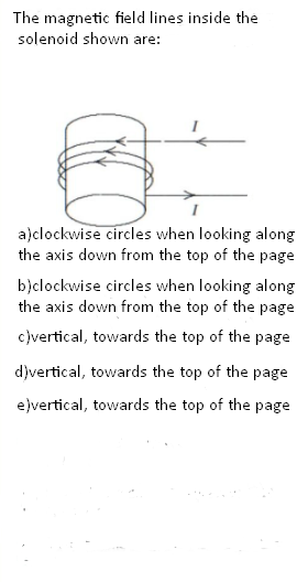 The magnetic field lines inside the
solenoid shown are:
a)clockwise circles when looking along
the axis down from the top of the page
b)clockwise circles when looking along
the axis down from the top of the page
c)vertical, towards the top of the page
d)vertical, towards the top of the page
e)vertical, towards the top of the page
