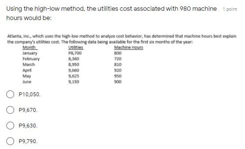 Using the high-low method, the utilities cost associated with 980 machine 1 point
hours would be:
Atlanta, Inc., which uses the high-low method to analyze cost behavior, has determined that machine hours best explain
the company's utilities cost. The following data being avallable for the first six months of the year:
Utilities
P8,700
8,360
8,950
9,660
9,625
9,150
Machine Hours
800
Month
January
February
March
720
810
April
May
920
950
June
900
P10,050.
P9,670.
P9,630.
P9,790.
