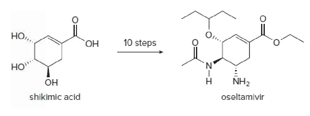 Но,
Он
10 steps
HO"
N.
ОН
NH2
shikimic acid
oseltamivir
