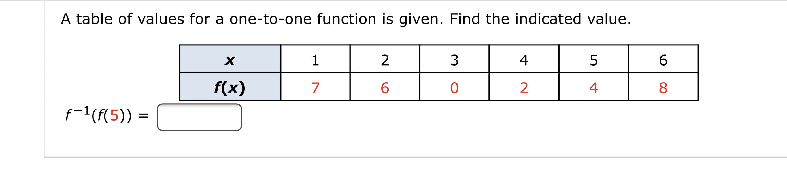 A table of values for a one-to-one function is given. Find the indicated value.
х
4
6.
f(x)
6.
4
8
f-1(f(5)) =

