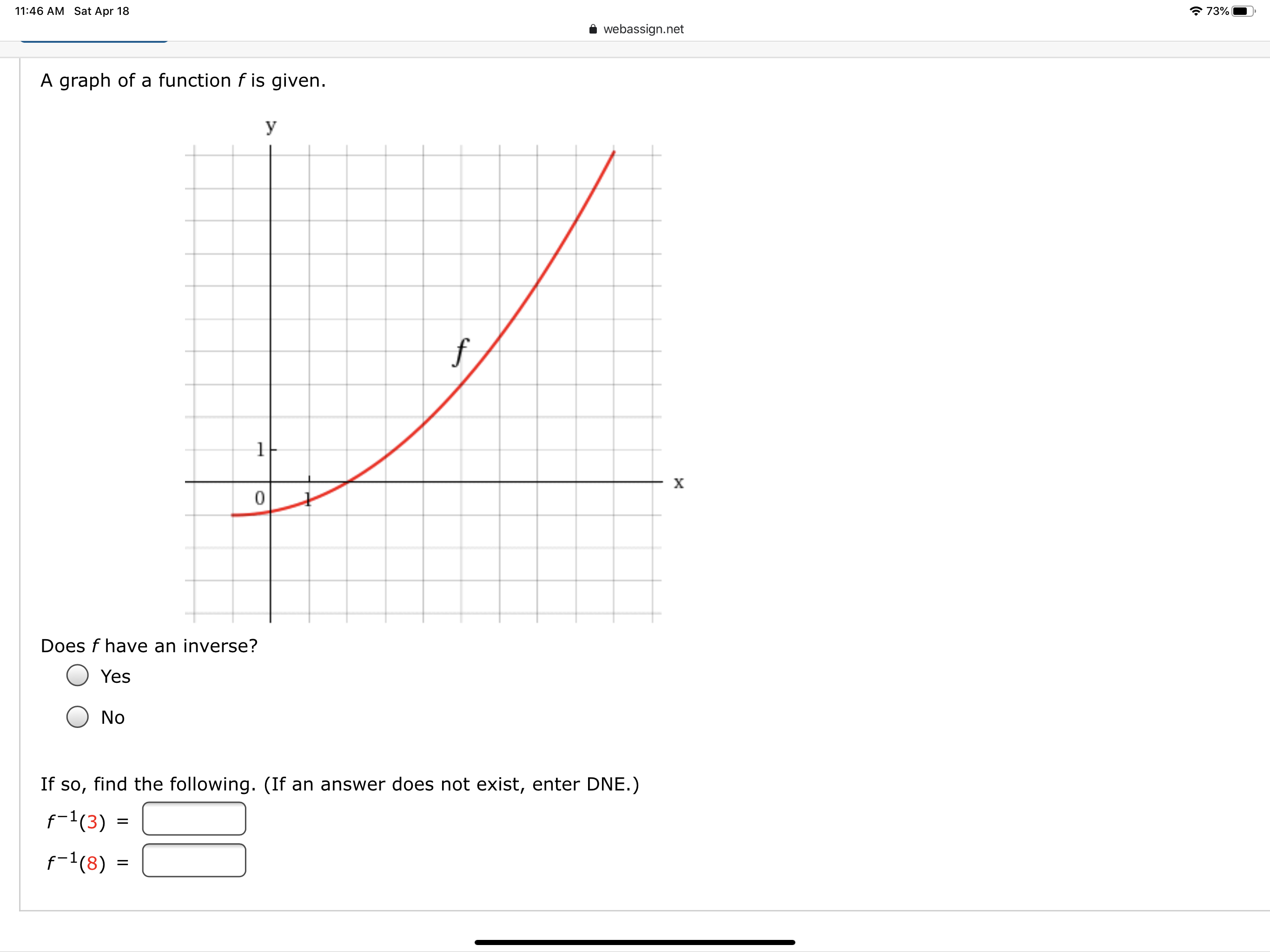 11:46 AM Sat Apr 18
* 73%
webassign.net
A graph of a function f is given.
У
х
Does f have an inverse?
Yes
No
If so, find the following. (If an answer does not exist, enter DNE.)
f-1(3) =
f-1(8)
