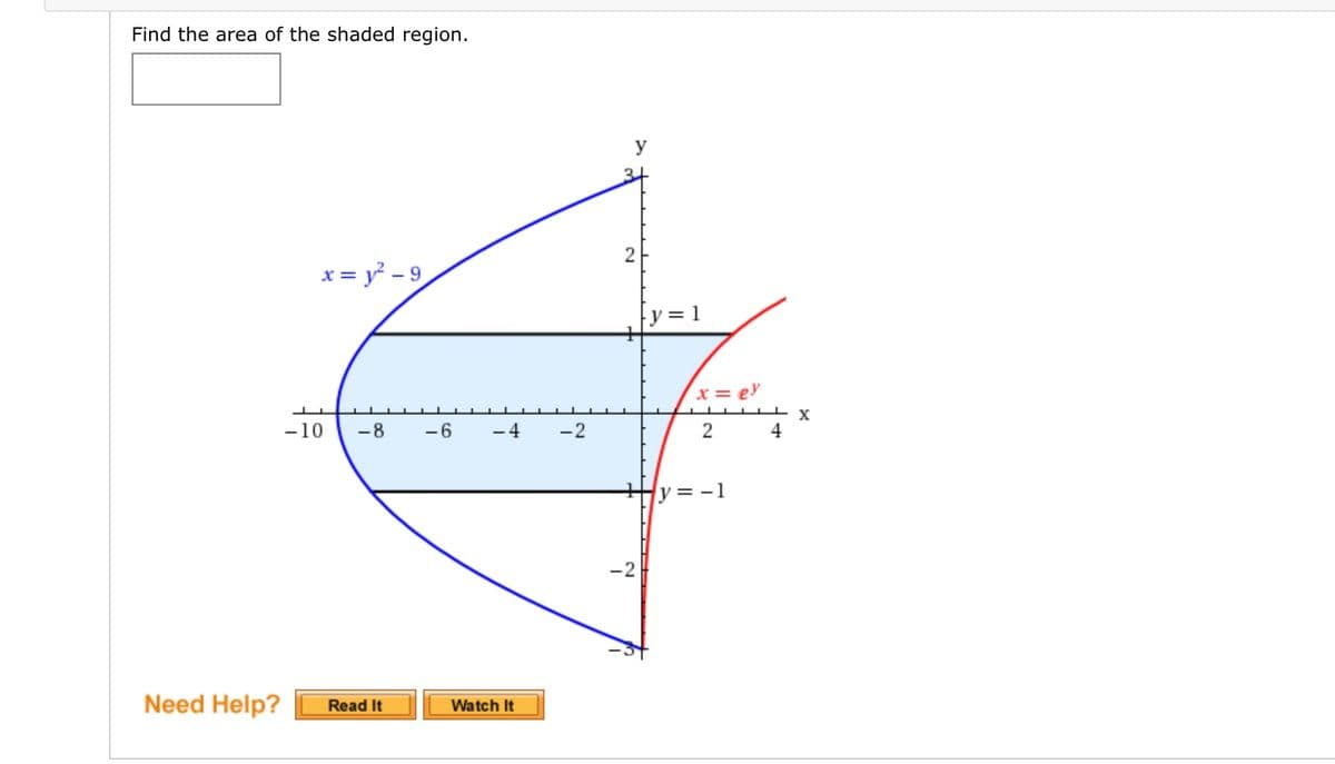 Find the area of the shaded region.
y
x = y - 9
x = ey
-10
-8
-6
-4
-2
2
4
Hy = -1
-2
Need Help?
Read It
Watch It
||
2.
