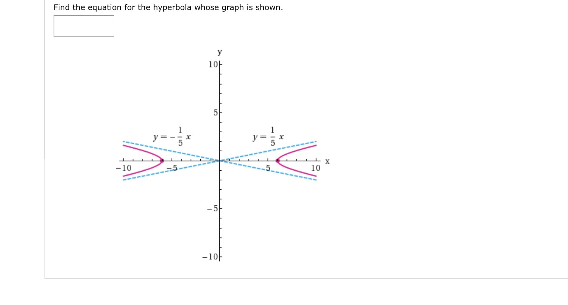 Find the equation for the hyperbola whose graph is shown.
y
10F
y = -
-10
10
-10F
5
