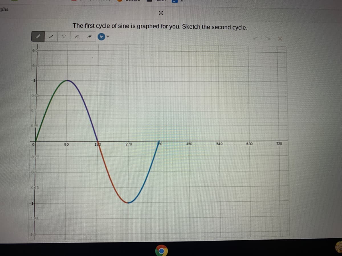 phs
The first cycle of sine is graphed for you. Sketch the second cycle.
T
90
180
270
to
450
540
630
720
025
-045
