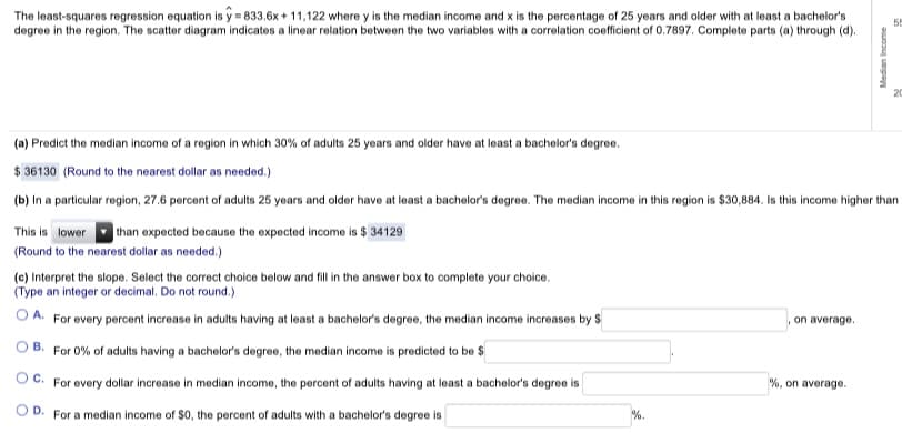 The least-squares regression equation is y = 833.6x + 11,122 where y is the median income and x is the percentage of 25 years and older with at least a bachelor's
degree in the region. The scatter diagram indicates a linear relation between the two variables with a correlation coefficient of 0.7897. Complete parts (a) through (d).
(a) Predict the median income of a region in which 30% of adults 25 years and older have at least a bachelor's degree.
$ 36130 (Round to the nearest dollar as needed.)
(b) In a particular region, 27.6 percent of adults 25 years and older have at least a bachelor's degree. The median income in this region is $30,884. Is this income higher than
This is lower
than expected because the expected income is $ 34129
(Round to the nearest dollar as needed.)
(c) Interpret the slope. Select the correct choice below and fill in the answer box to complete your choice.
(Type an integer or decimal. Do not round.)
O A. For every percent increase in adults having at least a bachelor's degree, the median income increases by $
on average.
O B. For 0% of adults having a bachelor's degree, the median income is predicted to be $
O C. For every dollar increase in median income, the percent of adults having at least a bachelor's degree is
%, on average.
OD.
For a median income of $0, the percent of adults with a bachelor's degree is
%.
Median Income
20
