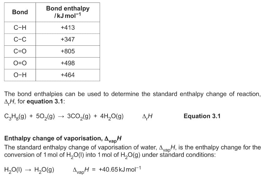 Bond enthalpy
/kJ mol-1
Bond
С-н
+413
С-С
+347
C=O
+805
O=0
+498
О-н
+464
The bond enthalpies can be used to determine the standard enthalpy change of reaction,
A,H, for equation 3.1:
C3H3(g) + 50,(g) → 3CO,(g) + 4H,0(g)
A,H
Equation 3.1
Enthalpy change of vaporisation, AvapH
The standard enthalpy change of vaporisation of water, AvanH, is the enthalpy change for the
conversion of 1 mol of H,O(1) into 1 mol of H,O(g) under standard conditions:
H,O(1)
H,0(g)
AvapH
= +40.65 kJmol-1

