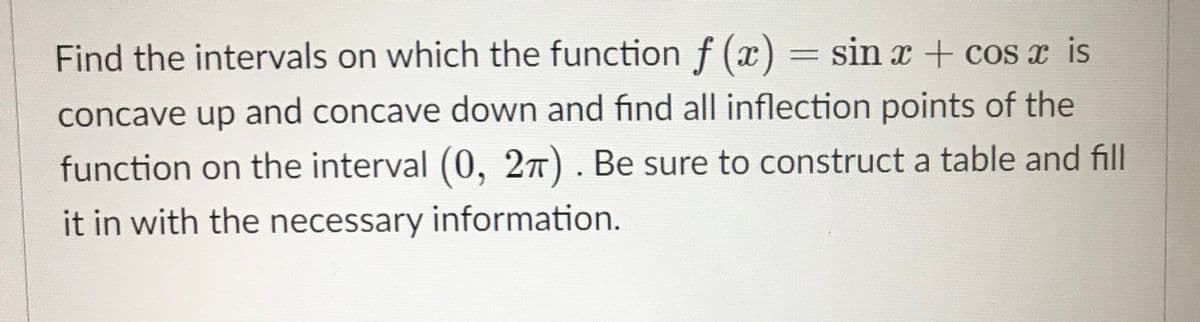 Find the intervals on which the function f (x) = sin x + cos x is
concave up and concave down and find all inflection points of the
function on the interval (0, 27). Be sure to construct a table and fill
it in with the necessary information.
