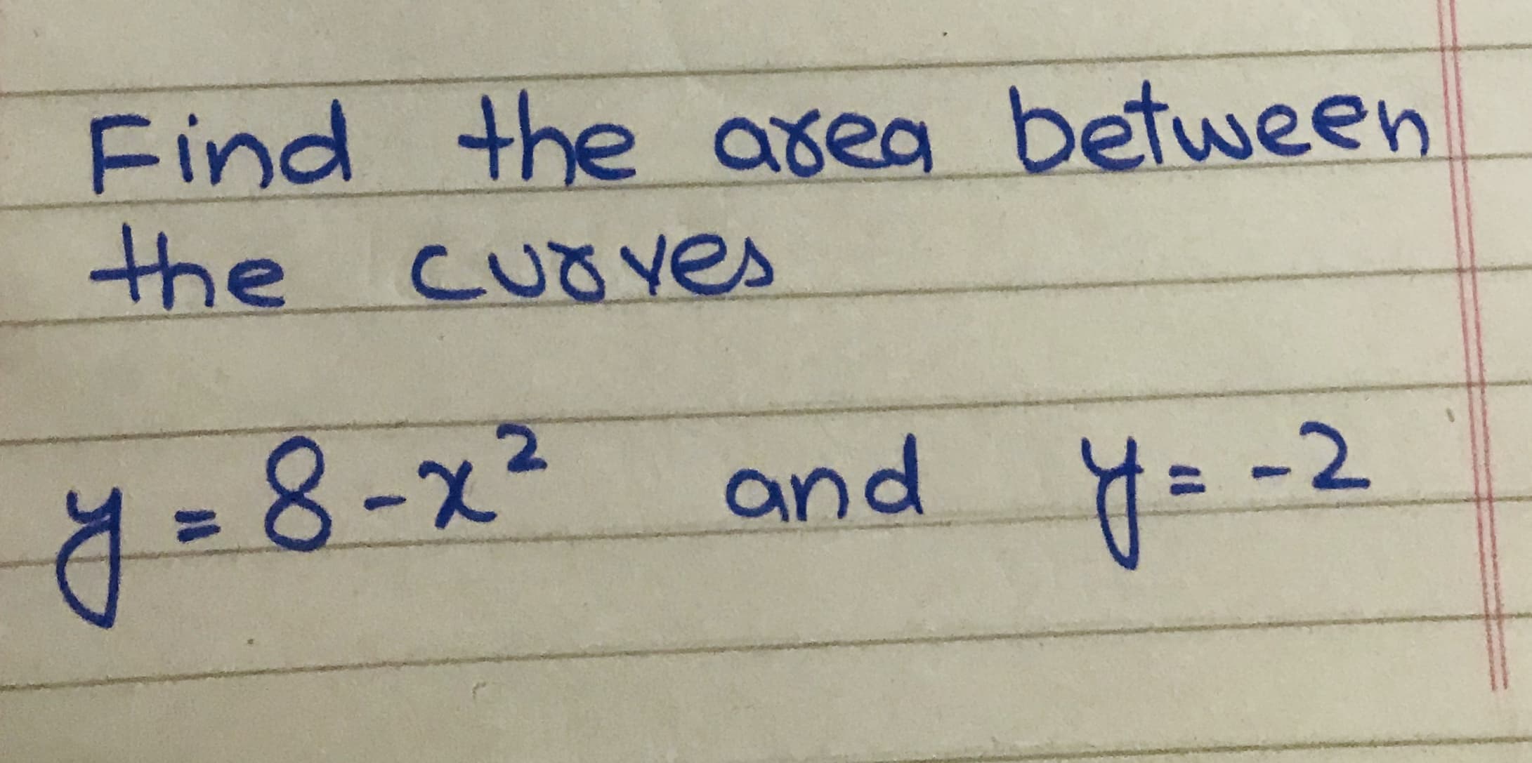 Find the area between
the cuo ves
CUrres
y=8-x² and y= -2
