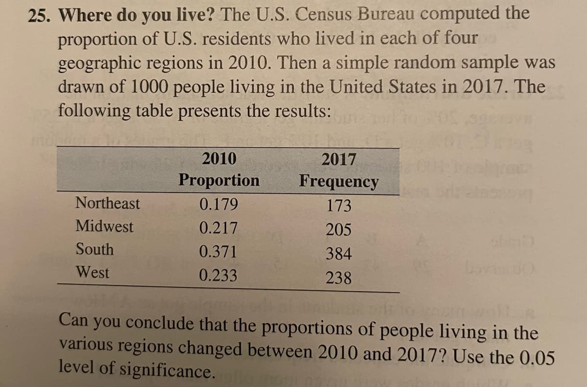25. Where do you live? The U.S. Census Bureau computed the
proportion of U.S. residents who lived in each of four
geographic regions in 2010. Then a simple random sample was
drawn of 1000 people living in the United States in 2017. The
following table presents the results:
Northeast
Midwest
South
West
2010
Proportion
0.179
0.217
0.371
0.233
2017
Frequency
173
205
384
238
50m)
Lova
Can you conclude that the proportions of people living in the
various regions changed between 2010 and 2017? Use the 0.05
level of significance.