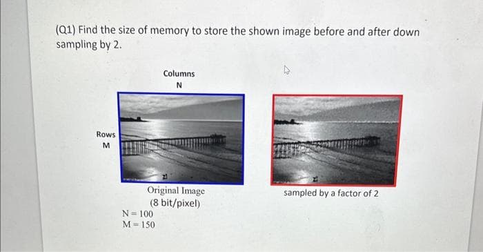 (Q1) Find the size of memory to store the shown image before and after down
sampling by 2.
Rows
M
Columns
N
Original Image
(8 bit/pixel)
N = 100
M = 150
sampled by a factor of 2