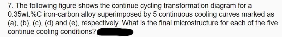 7. The following figure shows the continue cycling transformation diagram for a
0.35wt.%C iron-carbon alloy superimposed by 5 continuous cooling curves marked as
(a), (b), (c), (d) and (e), respectively. What is the final microstructure for each of the five
continue cooling conditions?
