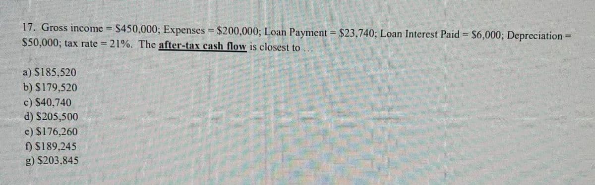17. Gross income
$450,000; Expenses $200,000; Loan Payment = $23,740; Loan Interest Paid $6,000; Depreciation =
%3D
$50,000; tax rate 21%. The after-tax cash flow is closest to
a) $185,520
b) $179,520
c) $40,740
d) S205,500
e) $176,260
f) S189,245
g) $203,845
