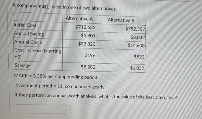 A company must invest in one of two alternatives.
Alternative A
Alternative B
Initial Cost
$712,623
$752,357
Annual Saving
$5,901
$8,032
$14,608
Annual Costs
$33,823
Cost Increase (starting
Y2)
$196
$823
Salvage
$8,282
$1,057
MARR = 3.38% per compounding period
%3D
Investment period = 11, compounded yearly
If they perform an annual worth analysis, what is the value of the best alternative?
