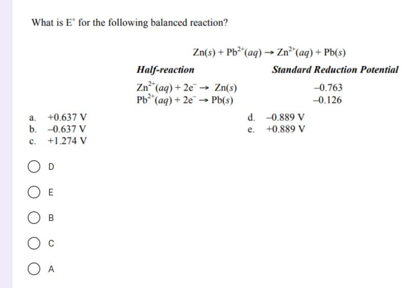 What is E' for the following balanced reaction?
Zn(s) + Pb"(aq) → Zn*(aq) + Pb(s)
Half-reaction
Standard Reduction Potential
Zn*(aq) + 2e → Zn(s)
Pb"(aq) + 2e¯ –→ Pb(s)
-0.763
-0.126
a. +0.637 V
b. -0.637 V
-0.889 V
+0.889 V
d.
е.
с.
+1.274 V
D
В
C
А
