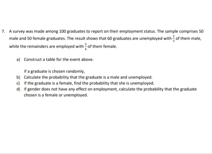 7. A survey was made among 100 graduates to report on their employment status. The sample comprises 50
male and 50 female graduates. The result shows that 60 graduates are unemployed with of them male,
while the remainders are employed with of them female.
a) Construct a table for the event above.
If a graduate is chosen randomly,
b) Calculate the probability that the graduate is a male and unemployed.
c) If the graduate is a female, find the probability that she is unemployed.
d) If gender does not have any effect on employment, calculate the probability that the graduate
chosen is a female or unemployed.
