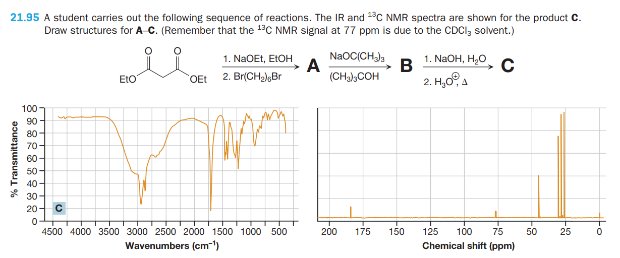 21.95 A student carries out the following sequence of reactions. The IR and 1°C NMR spectra are shown for the product C.
Draw structures for A-C. (Remember that the 13C NMR signal at 77 ppm is due to the CDCI3 solvent.)
NaOC(CH)3
A
(CH3)3COH
1. NaOEt, EtOH
1. NaOH, H,O
C
В
2. H,0º, A
EtO
OEt
2. Br(CH,),Br
100
90
80
70
60 –
50
40 -
30
20
C
4500 4000 3500 3000 2500 2000 1500 1000 500
200
175
150
125
100
75
50
25
Wavenumbers (cm-1)
Chemical shift (ppm)
% Transmittance
