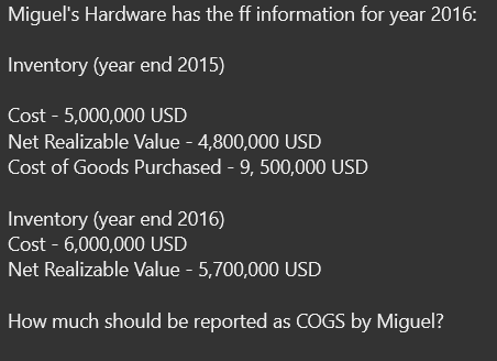 Miguel's Hardware has the ff information for year 2016:
Inventory (year end 2015)
Cost - 5,000,000 USD
Net Realizable Value - 4,800,000 USD
Cost of Goods Purchased - 9, 500,000 USD
Inventory (year end 2016)
Cost - 6,000,000 USD
Net Realizable Value - 5,700,000 USD
How much should be reported as COGS by Miguel?
