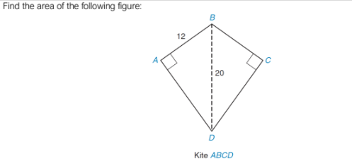 Find the area of the following figure:
12
20
Kite ABCD
