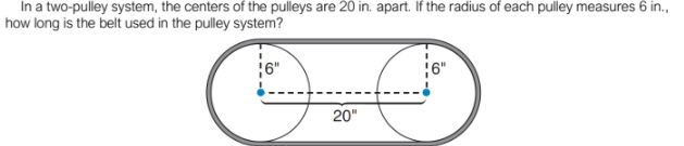 In a two-pulley system, the centers of the pulleys are 20 in. apart. If the radius of each pulley measures 6 in.,
how long is the belt used in the pulley system?
20"
