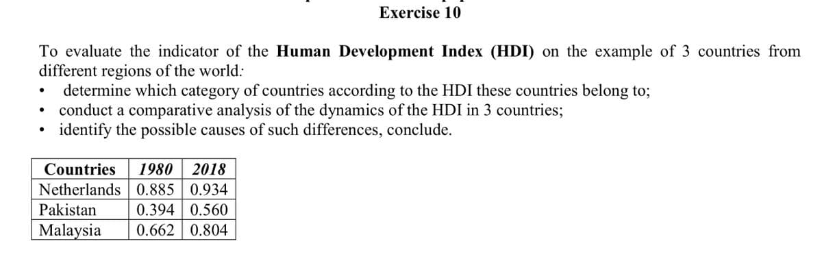 To evaluate the indicator of the Human Development Index (HDI) on the example of 3 countries from
different regions of the world:
●
Exercise 10
determine which category of countries according to the HDI these countries belong to;
conduct a comparative analysis of the dynamics of the HDI in 3 countries;
identify the possible causes of such differences, conclude.
Countries 1980|| 2018
Netherlands 0.885 0.934
Pakistan
0.394 0.560
Malaysia 0.662 0.804