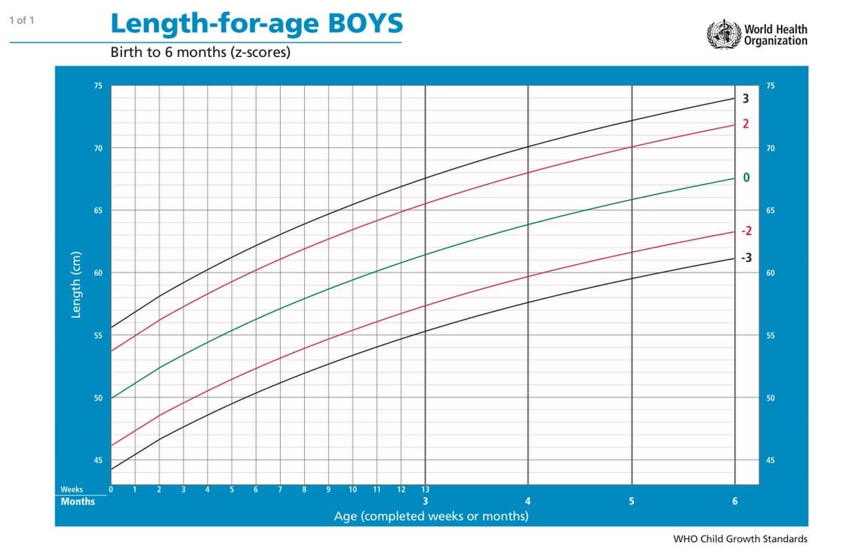 1 of 1
Length (cm)
75
70
65
60
55
50
45
Weeks
Months
Length-for-age BOYS
Birth to 6 months (z-scores)
0
1
2
3
4
5
6
7
8
9
10 11
13
3
Age (completed weeks or months)
12
4
5
6
World Health
Organization
3
2
0
-2
-3
75
70
65
60
55
50
45
WHO Child Growth Standards