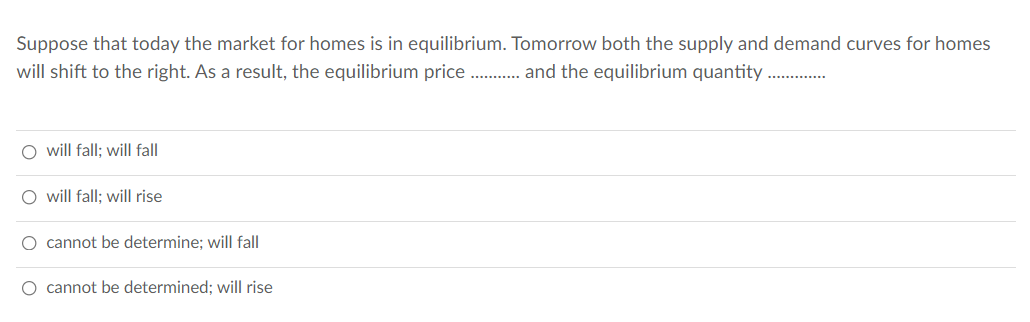 Suppose that today the market for homes is in equilibrium. Tomorrow both the supply and demand curves for homes
will shift to the right. As a result, the equilibrium price . and the equilibrium quantity .
O will fall; will fall
O will fall; will rise
O cannot be determine; will fall
O cannot be determined; will rise
