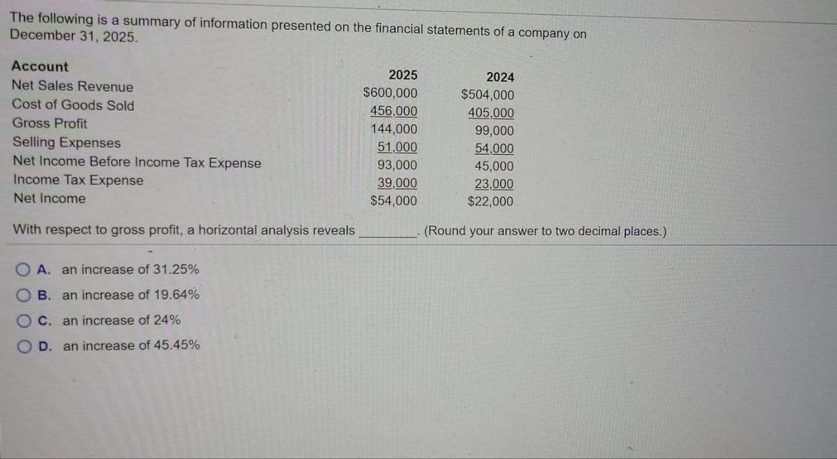 The following is a summary of information presented on the financial statements of a company on
December 31, 2025.
Account
Net Sales Revenue
Cost of Goods Sold
Gross Profit
Selling Expenses
Net Income Before Income Tax Expense
Income Tax Expense
Net Income
With respect to gross profit, a horizontal analysis reveals
A. an increase of 31.25%
B. an increase of 19.64%
C. an increase of 24%
D. an increase of 45.45%
2025
$600,000
456,000
144,000
51,000
93,000
39,000
$54,000
2024
$504,000
405,000
99,000
54,000
45,000
23,000
$22,000.
(Round your answer to two decimal places.)