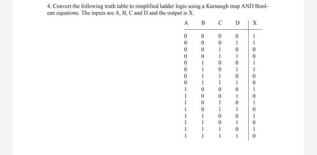 4. Convert the following truth table to simplified ladder logic using a Karnaugh map AND Bool-
ean equations. The inputs are A, B, C and D and the output is X.
A
В
C
D
X
1
1
1
1
1
1
1
1
1
1
1
1
1
1
1
1
1
1
1
1
1
1
1
1
1
1
1
1
1
1
1
1
1
1
1
1
1
1
