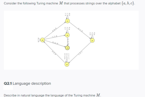Consider the following Turing machine M that processes strings over the alphabet {a,b,c}.
Q2.1 Language description
STANCE
Describe in natural language the language of the Turing machine M.