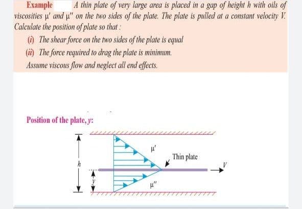 A thin plate of very large area is placed in a gap of height h with oils of
Еxample
viscosities u' and u" on the two sides of the plate. The plate is pulled at a constant velocity V.
Calculate the position of plate so that :
The shear force on the two sides of the plate is equal
(i) The force required to drag the plate is minimum.
Assume viscous flow and neglect all end effects.
SO
Position of the plate, y:
Thin plate
