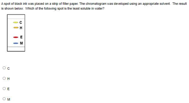 A spot of black ink was placed on a strip of filter paper. The chromatogram was developed using an appropriate solvent. The result
is shown below. Which of the following spot is the least soluble in water?
OH
O E
O M
