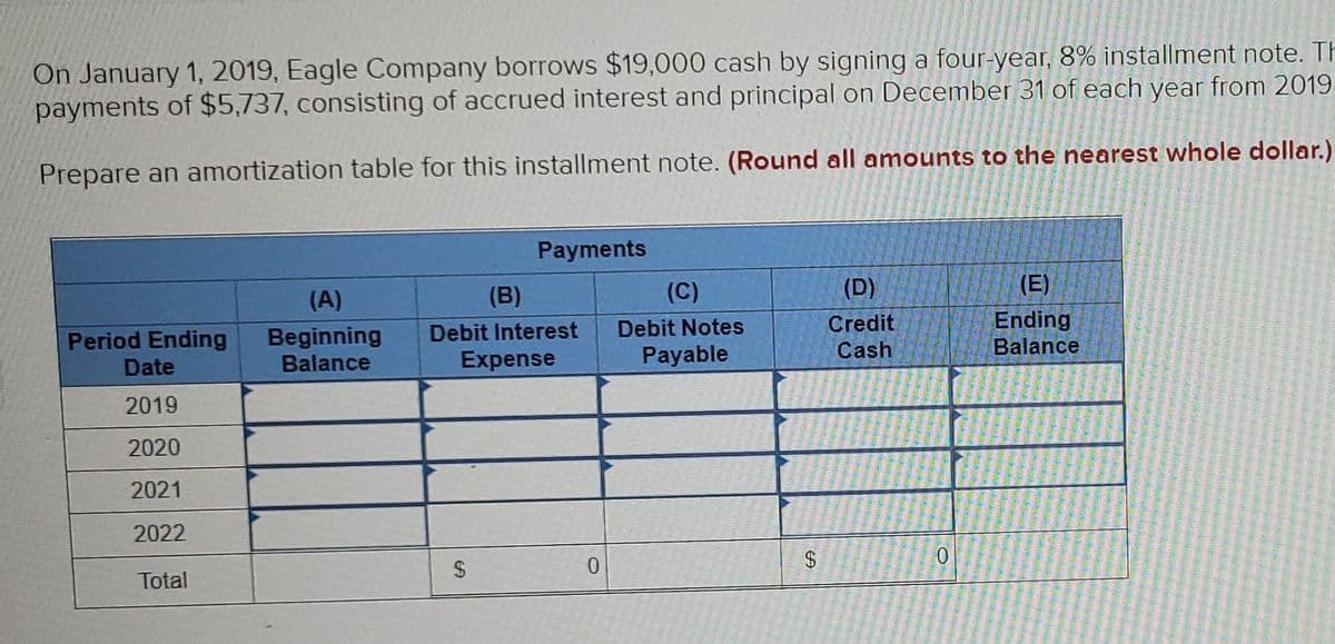 On January 1, 2019, Eagle Company borrows $19,000 cash by signing a four-year, 8% installment note. TH
payments of $5,737, consisting of accrued interest and principal on December 31 of each year from 2019
Prepare an amortization table for this installment note. (Round all amounts to the nearest whole dollar.)
Payments
(B)
(C)
(D)
(E)
(A)
Credit
Cash
Ending
Balance
Debit Interest
Debit Notes
Beginning
Balance
Period Ending
Expense
Payable
Date
2019
2020
2021
2022
Total
%24
