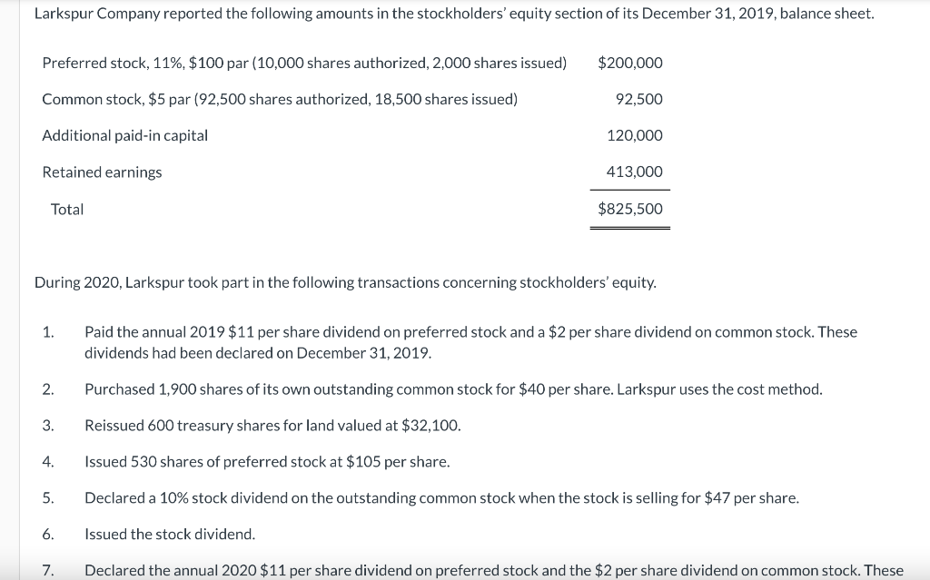 Larkspur Company reported the following amounts in the stockholders' equity section of its December 31, 2019, balance sheet.
Preferred stock, 11%, $100 par (10,000 shares authorized, 2,000 shares issued)
$200,000
Common stock, $5 par (92,500 shares authorized, 18,500 shares issued)
92,500
Additional paid-in capital
120,000
Retained earnings
413,000
Total
$825,500
During 2020, Larkspur took part in the following transactions concerning stockholders' equity.
1.
Paid the annual 2019 $11 per share dividend on preferred stock and a $2 per share dividend on common stock. These
dividends had been declared on December 31, 2019.
2.
Purchased 1,900 shares of its own outstanding common stock for $40 per share. Larkspur uses the cost method.
3.
Reissued 600 treasury shares for land valued at $32,100.
4.
Issued 530 shares of preferred stock at $105 per share.
5.
Declared a 10% stock dividend on the outstanding common stock when the stock is selling for $47 per share.
6.
Issued the stock dividend.
7.
Declared the annual 2020 $11 per share dividend on preferred stock and the $2 per share dividend on common stock. These
