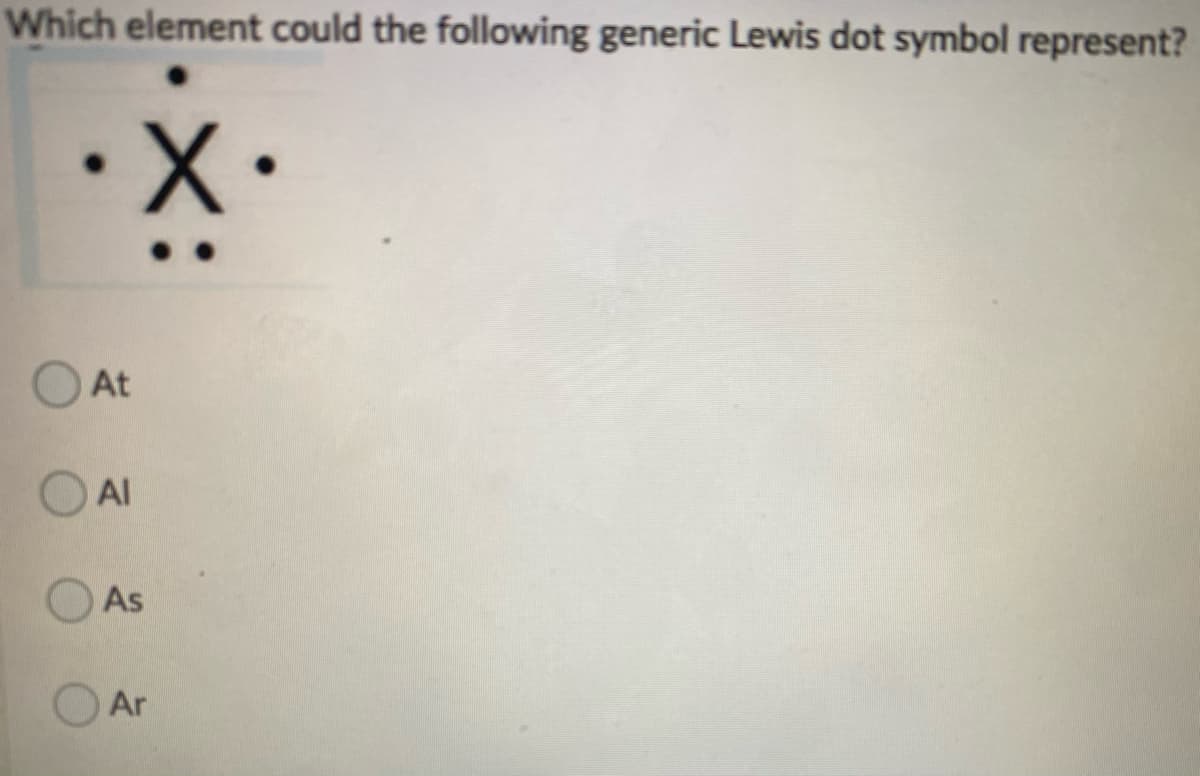 Which element could the following generic Lewis dot symbol represent?
O At
Al
As
Ar
