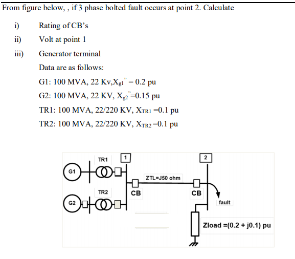 From figure below, , if 3 phase bolted fault occurs at point 2. Calculate
i)
Rating of CB's
ii)
Volt at point 1
iii)
Generator terminal
Data are as follows:
Gl: 100 MVA, 22 Kv,Xgi" = 0.2 pu
G2: 100 MVA, 22 KV, X,2"=0.15 pu
TR1: 100 MVA, 22/220 KV, XTRI =0.1 pu
TR2: 100 MVA, 22/220 KV, XTR2 =0.1 pu
TR1
ZTL-J50 ohm
св
TR2
св
G2
fault
Zload =(0.2 + j0.1) pu
