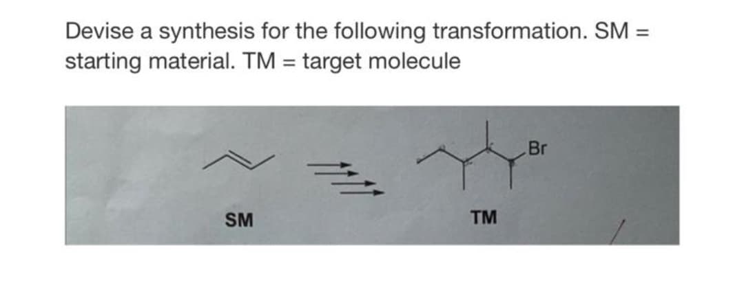 Devise a synthesis for the following transformation. SM =
starting material. TM = target molecule
Br
SM
TM