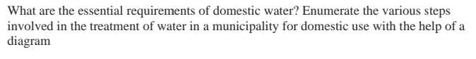 What are the essential requirements of domestic water? Enumerate the various steps
involved in the treatment of water in a municipality for domestic use with the help of a
diagram

