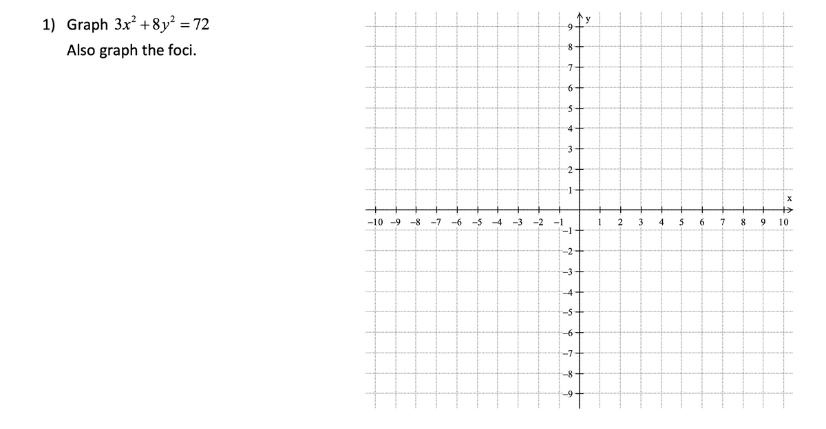 1) Graph 3x’+8y=72
Also graph the foci.
8
·7
5
-10 -9 -8 -7 -6 -5 -4 -3 -2 -1
Ħ
H
i
-2
-3
-6
--7
.
Y
2 3
+
5 6
7
8
୨
a
X
10