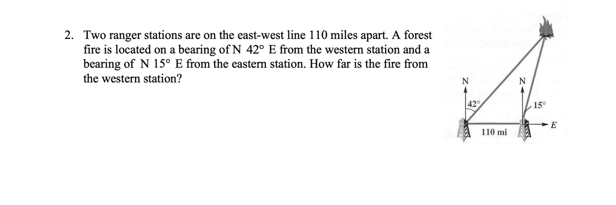 2. Two ranger stations are on the east-west line 110 miles apart. A forest
fire is located on a bearing of N 42° E from the western station and a
bearing of N 15° E from the eastern station. How far is the fire from
the western station?
N
42°
110 mi
N
15°
E