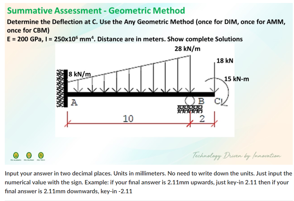 Summative Assessment - Geometric Method
Determine the Deflection at C. Use the Any Geometric Method (once for DIM, once for AMM,
once for CBM)
E = 200 GPa, I = 250x106 mm. Distance are in meters. Show complete Solutions
28 kN/m
18 kN
8 kN/m.
15 kN-m
10
Technology Druven by nnovntion
FEU ALARANG RU DLIMAN PRU TECH
Input your answer in two decimal places. Units in millimeters. No need to write down the units. Just input the
numerical value with the sign. Example: if your final answer is 2.11mm upwards, just key-in 2.11 then if your
final answer is 2.11mm downwards, key-in -2.11
