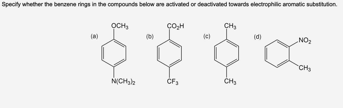 Specify whether the benzene rings in the compounds below are activated or deactivated towards electrophilic aromatic substitution.
OCH 3
CO₂H
CH3
(c)
(d)
(b)
(a)
NO₂
8 8 8 x
CH3
N(CH3)2
CF 3
CH3