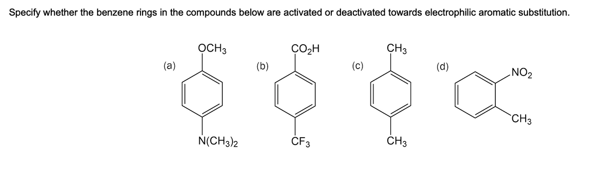 Specify whether the benzene rings in the compounds below are activated or deactivated towards electrophilic aromatic substitution.
OCH3
CO₂H
CH3
(a)
(b)
(d)
E & Ex
N(CH3)2
CF3
CH3
(c)
NO₂
CH3
