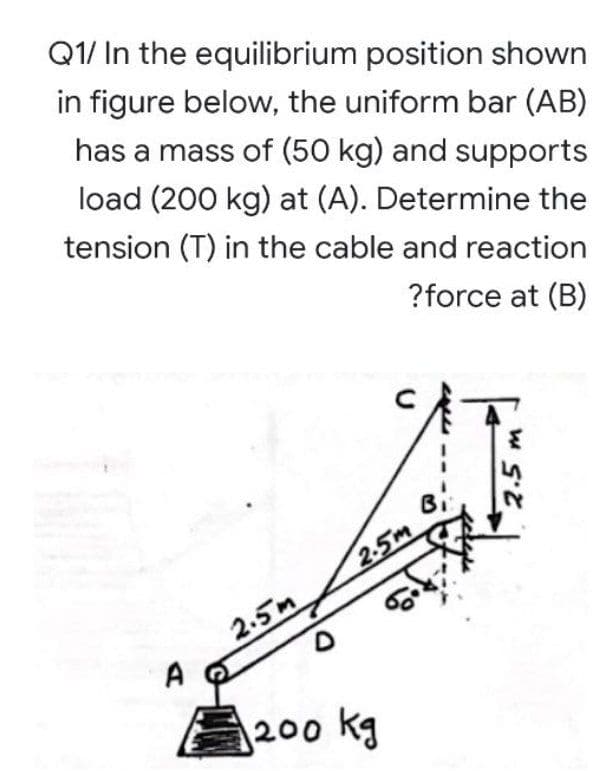 Q1/ In the equilibrium position shown
in figure below, the uniform bar (AB)
has a mass of (50 kg) and supports
load (200 kg) at (A). Determine the
tension (T) in the cable and reaction
?force at (B)
Bi
2.5m
2.5m
A
1200 kg
