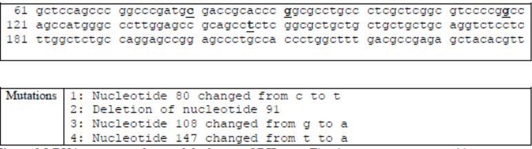 61 gctccagccc ggcccgatgc gaccgcaccc ggcgcctgcc ctcgctcggc gtccccggcc
121 agccatgggc ccttggagcc gcagcctctc ggcgctgctg ctgctgctgc aggtctcctc
181 ttggctctgc caggagccgg agccctgcca ccctggcttt gacgccgaga gctacacgtt
Mutations 1: Nucleotide 80 changed from c to t
2: Deletion of nucleotide 91
3: Nucleotide 108 changed from g to a
4: Nucleotide 147 changed from t to a
